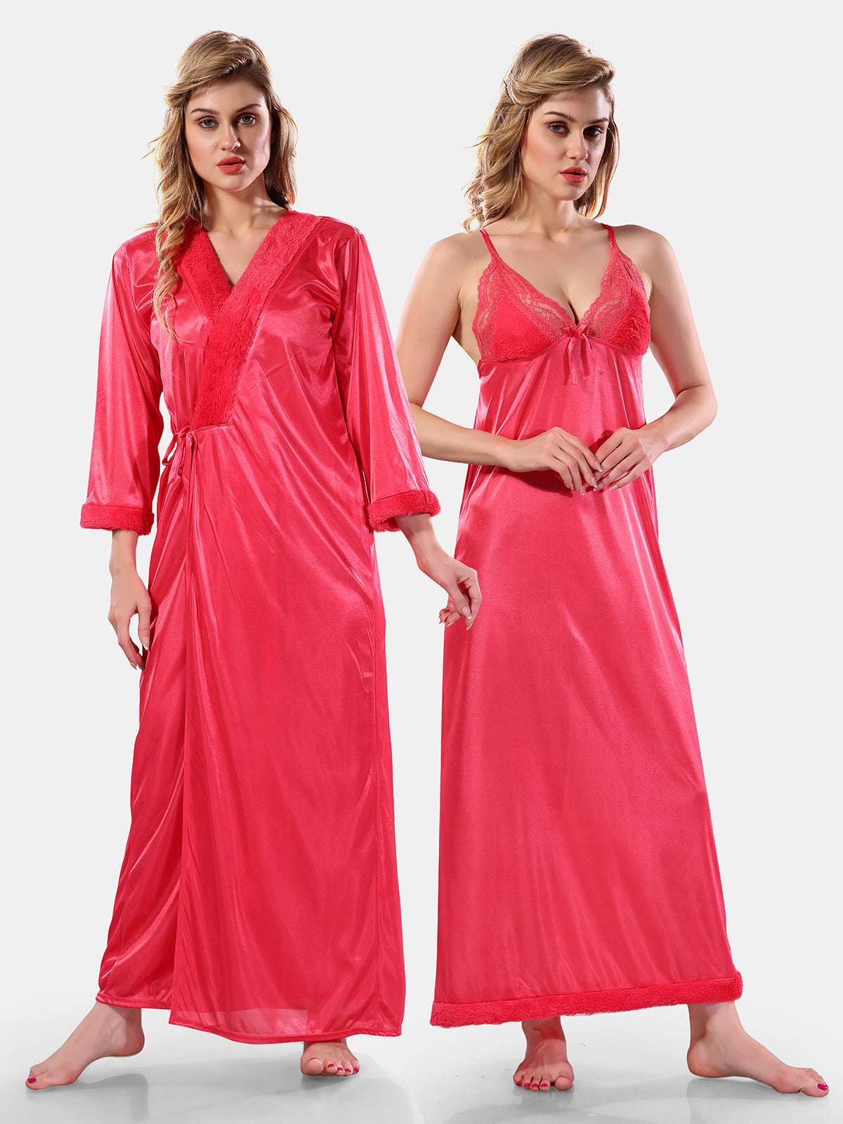 Peach Satin Solid Full Sleeves Nighty with Robe Set for Women