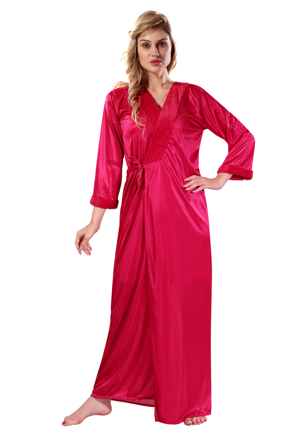 Deep Pink Solid Satin Full Sleeves Nighty & Robe Set for Women