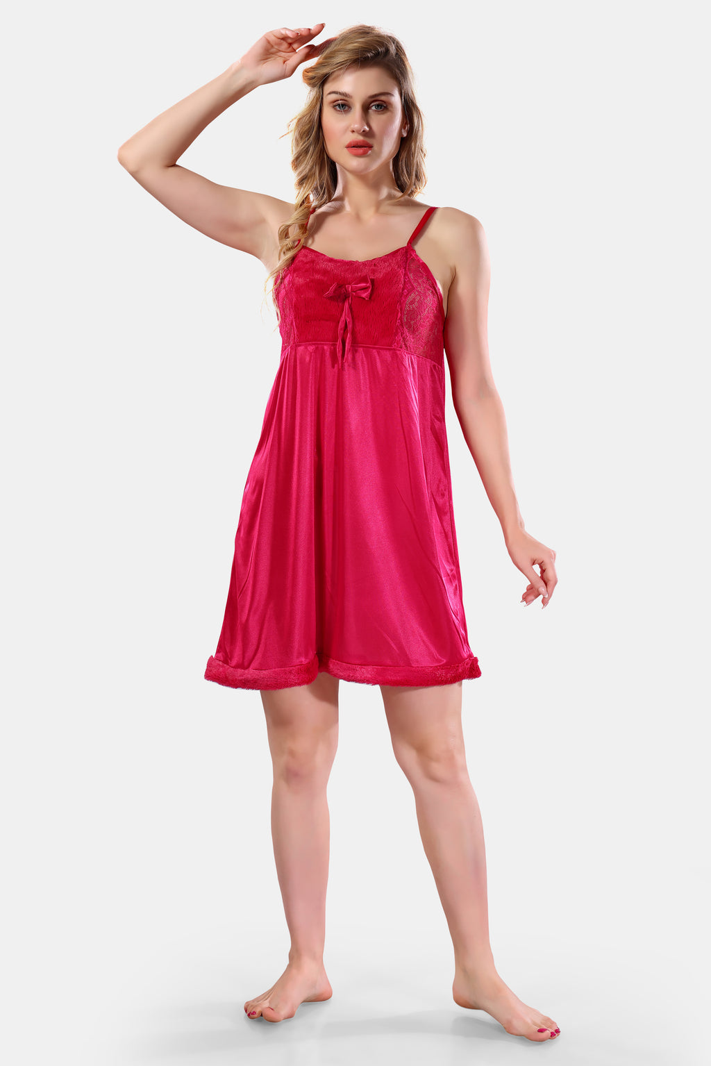 Deep Pink Solid Satin Full Sleeves Nighty & Robe Set for Women