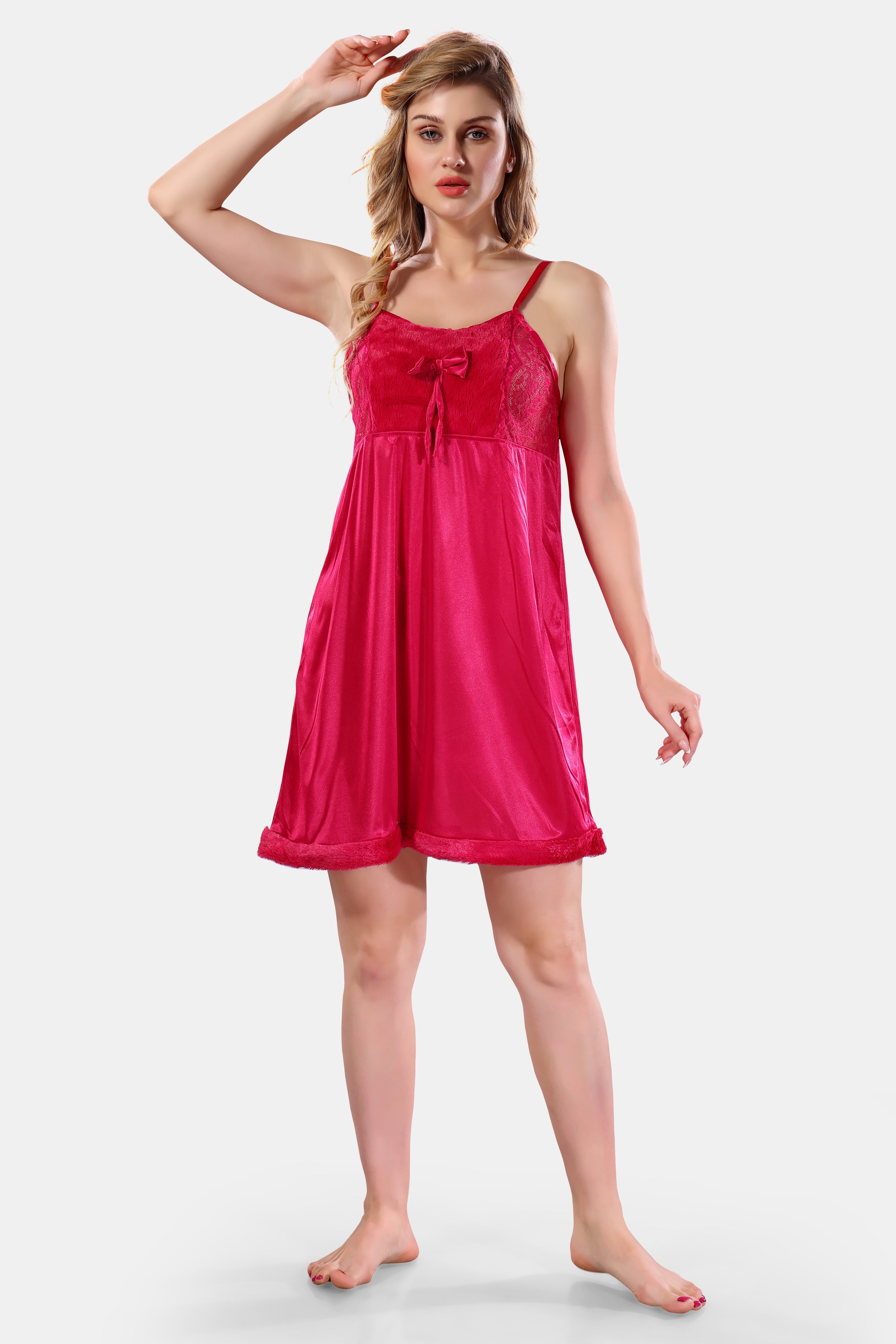 Deep Pink Solid Satin Full Sleeves Nighty & Robe Set for Women