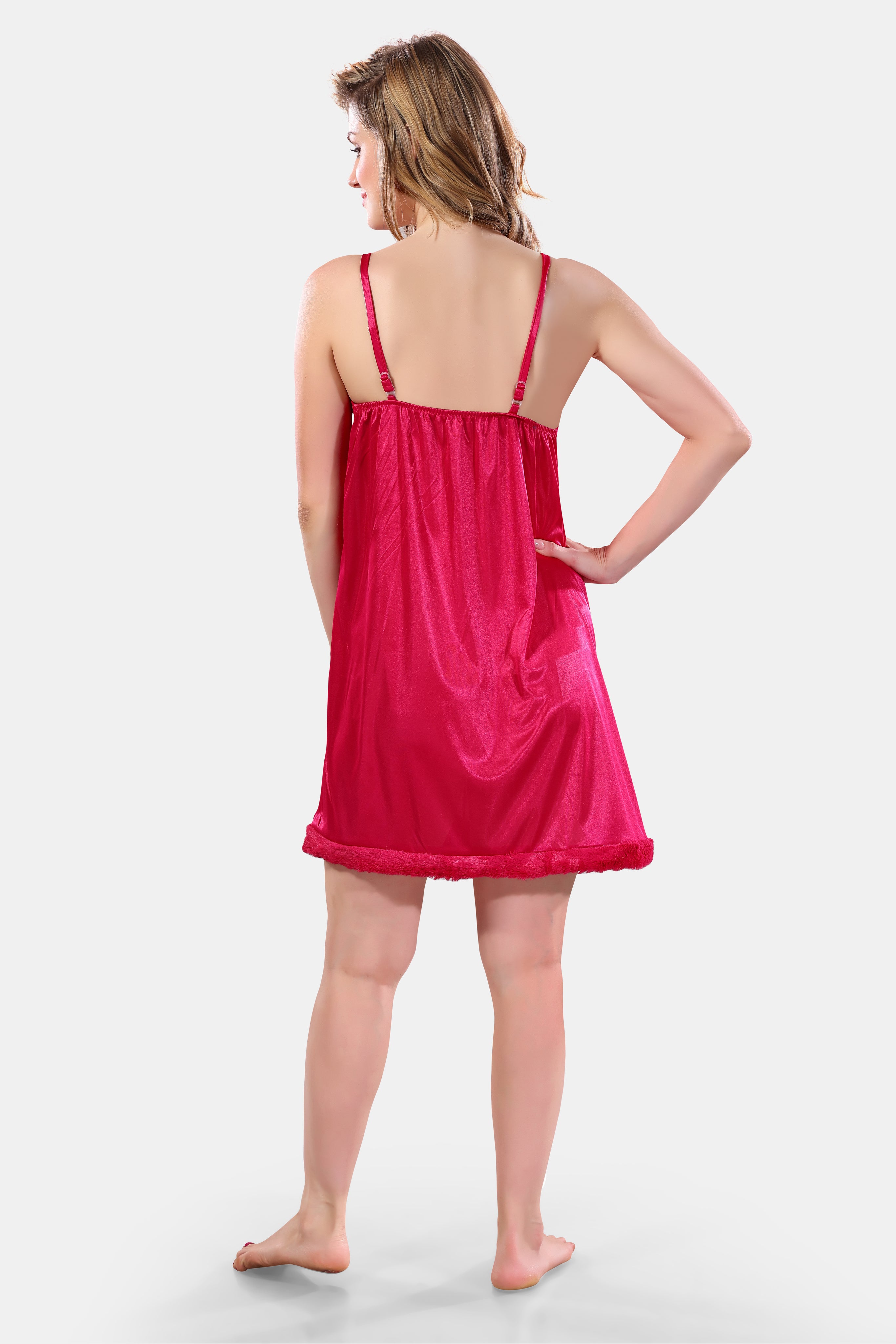 Deep Pink Solid Satin Full Sleeves Nighty & Robe Set for Women