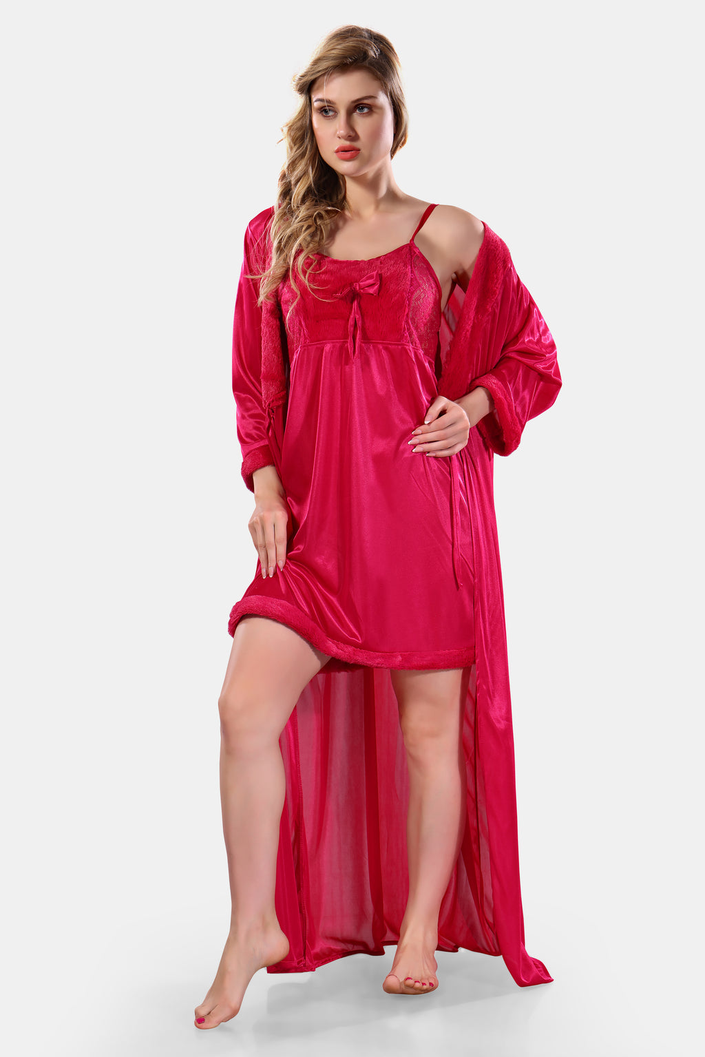 Deep Pink Solid Satin Full Sleeves Nighty & Robe Set for Women