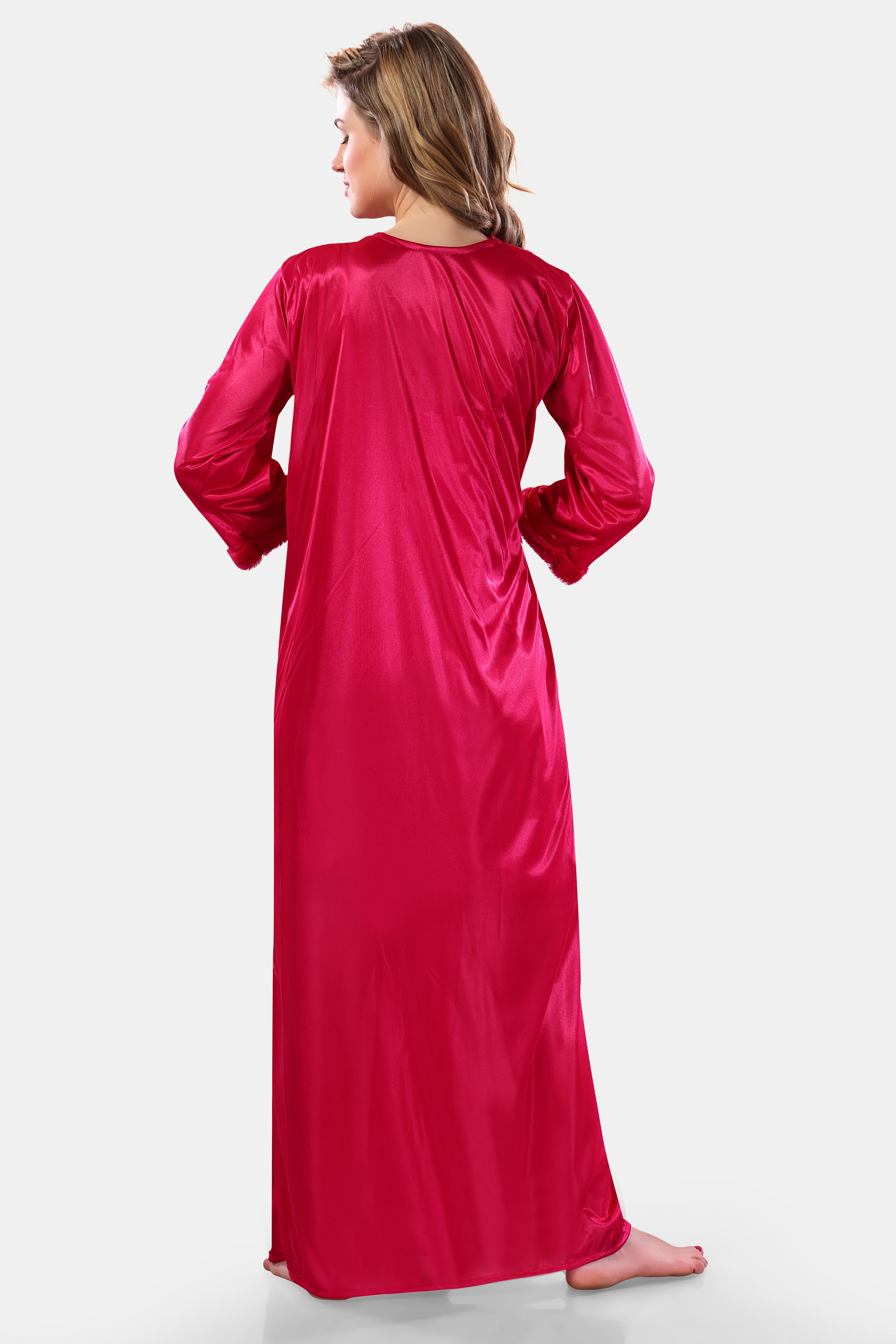 Deep Pink Solid Satin Full Sleeves Nighty & Robe Set for Women