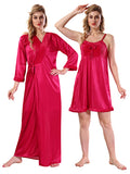 Deep Pink Solid Satin Full Sleeves Nighty & Robe Set for Women
