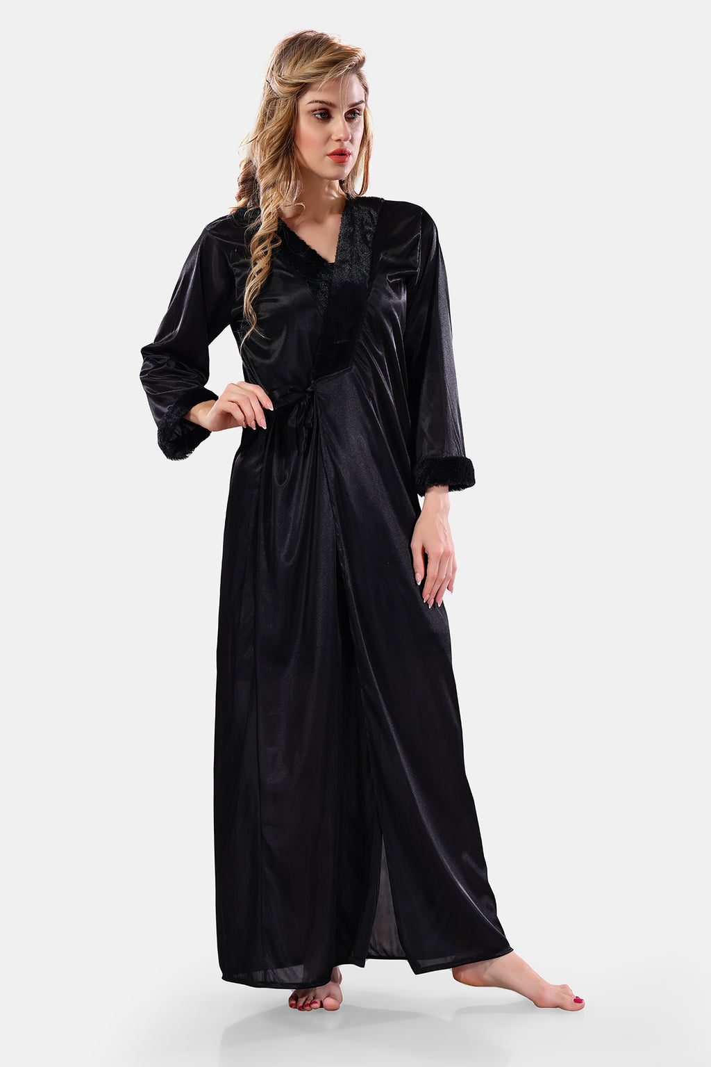 Black Satin Nighty with Robe Set