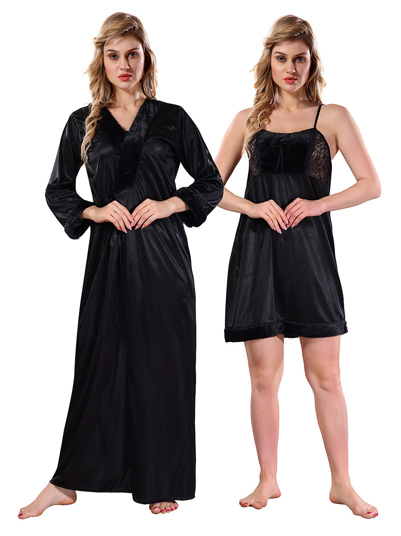 Black Satin Nighty with Robe Set