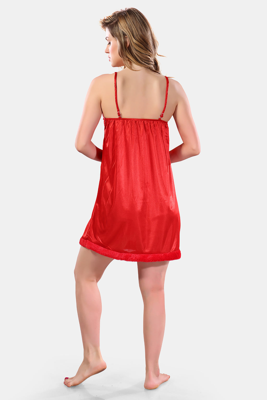 Red Satin Solid Full Sleeves Nighty with Robe for Women