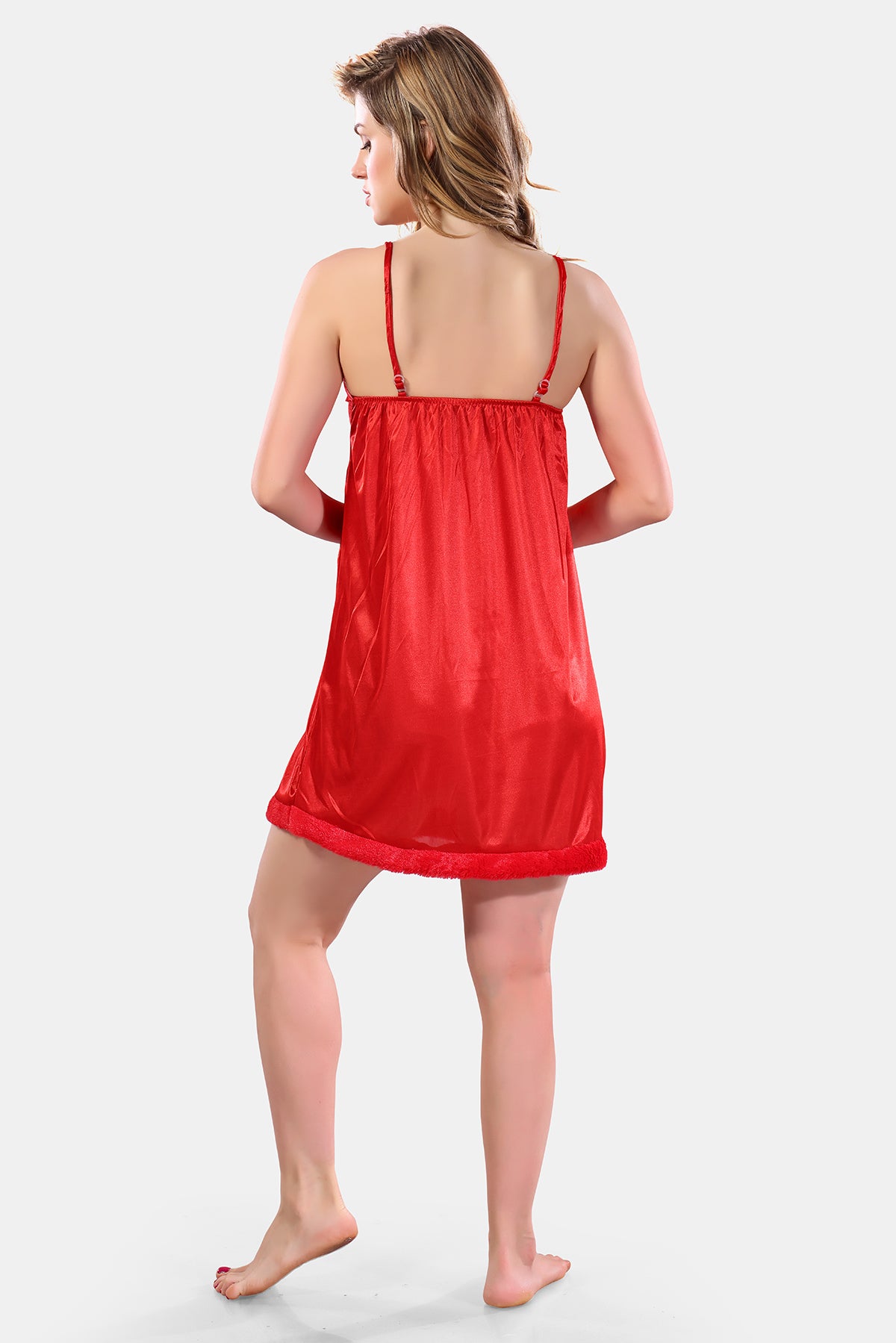 Red Satin Solid Full Sleeves Nighty with Robe for Women