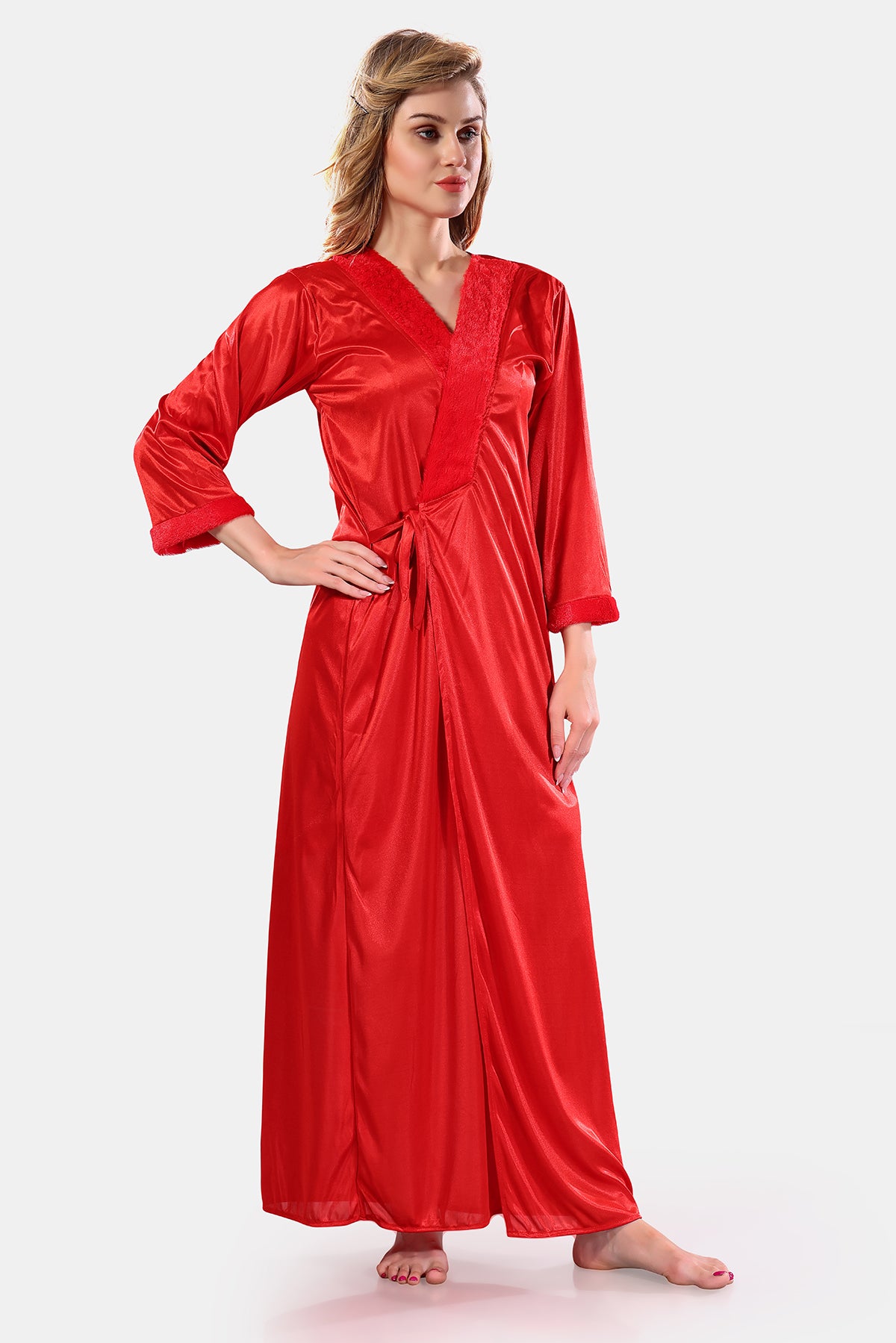 Red Satin Solid Full Sleeves Nighty with Robe for Women