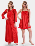 Red Satin Solid Full Sleeves Nighty with Robe for Women