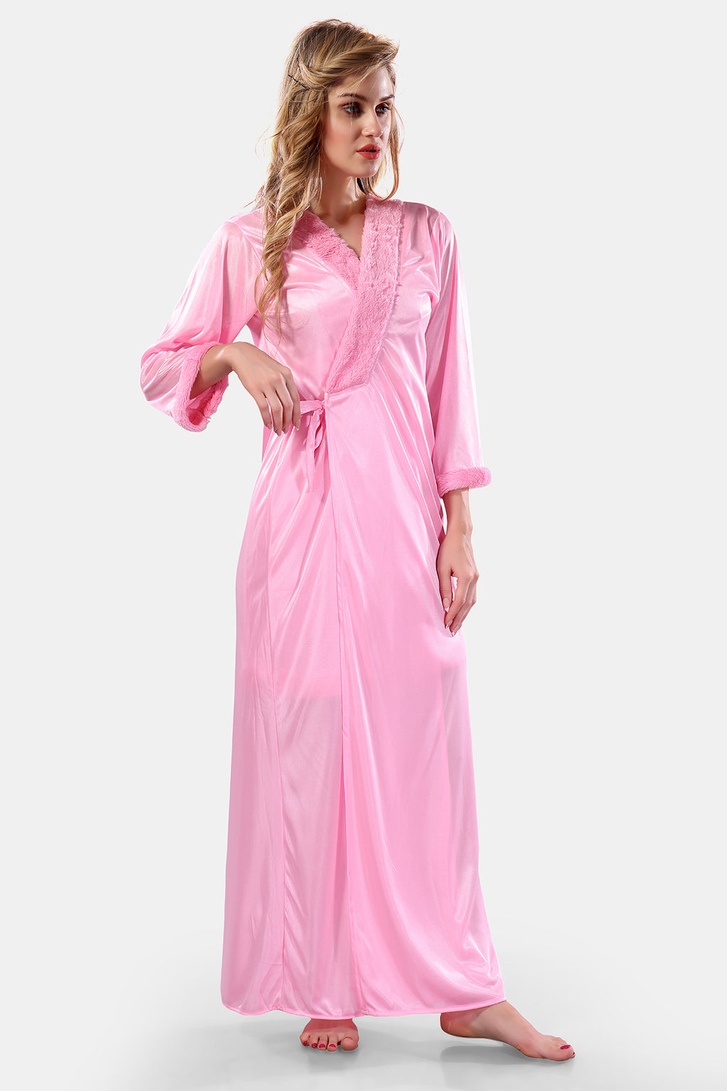 Baby Pink Solid Satin Nighty & Robe Set for Women
