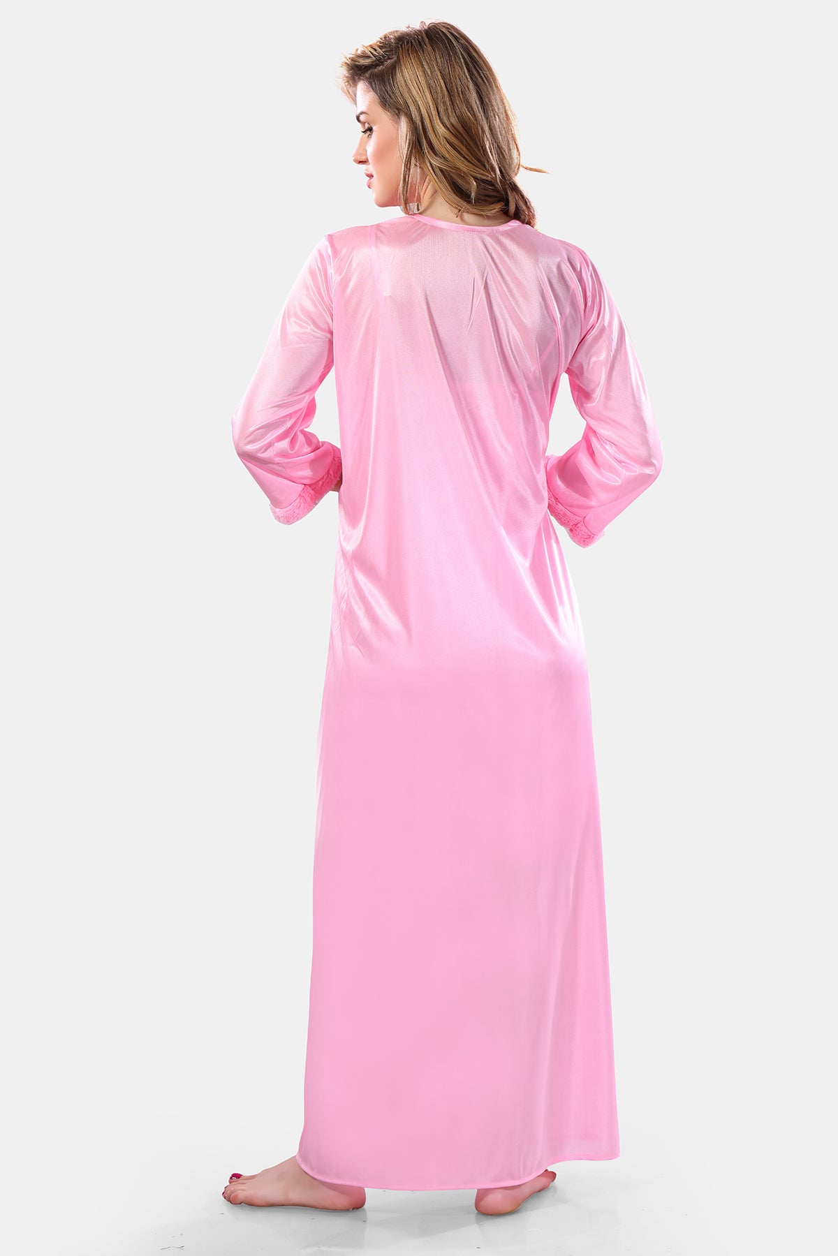 Baby Pink Solid Satin Nighty & Robe Set for Women