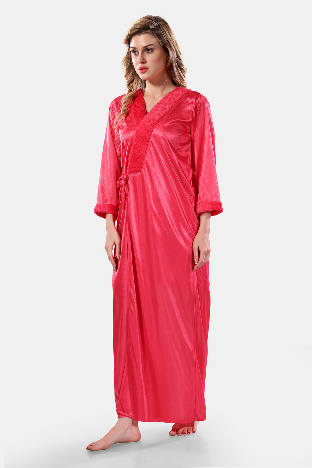 Peach Satin Solid Full Sleeves Nighty with Robe Set for Women