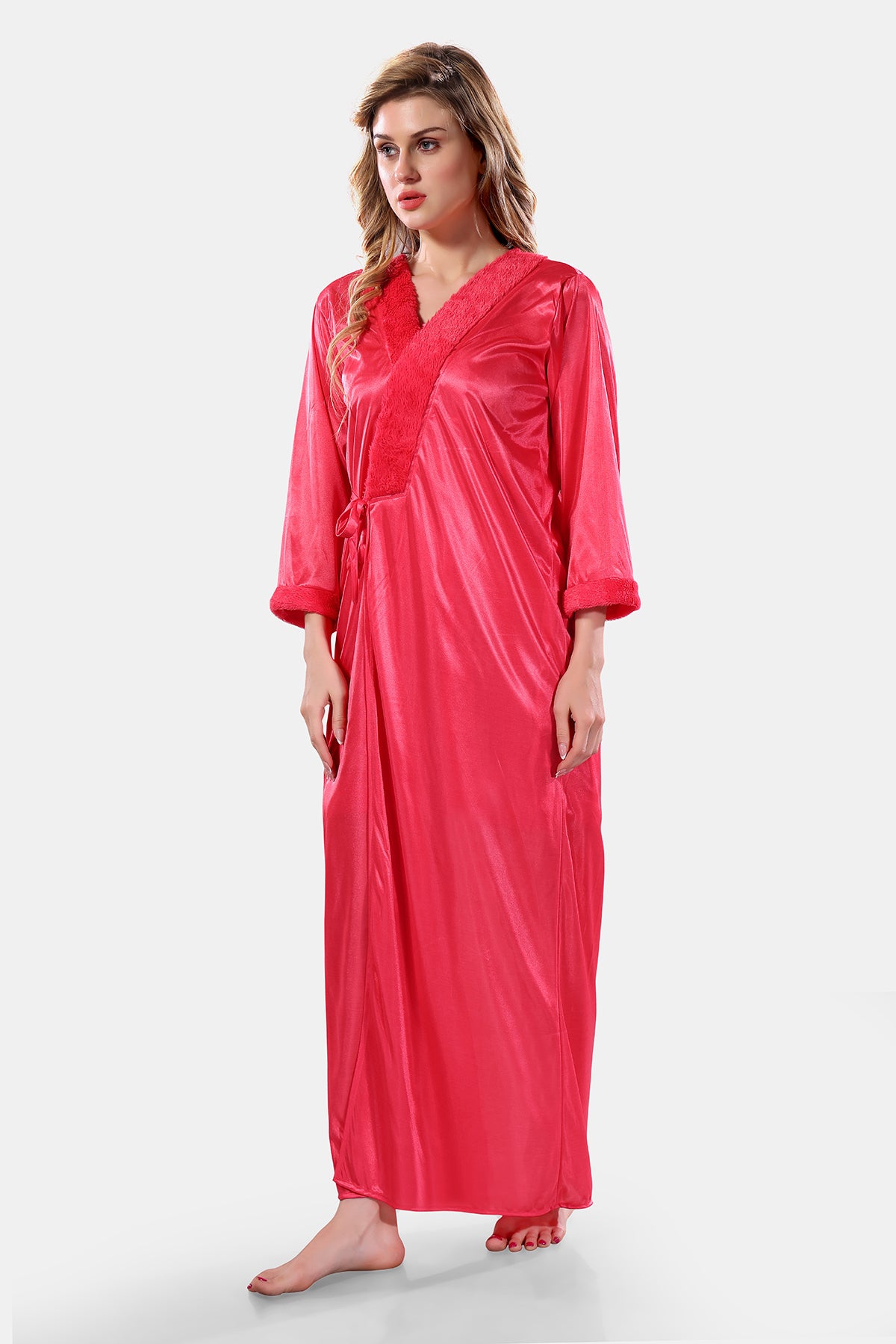 Peach Satin Solid Full Sleeves Nighty with Robe Set for Women