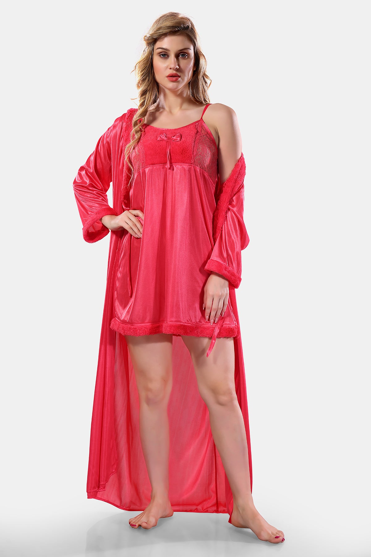 Peach Satin Solid Full Sleeves Nighty with Robe Set for Women