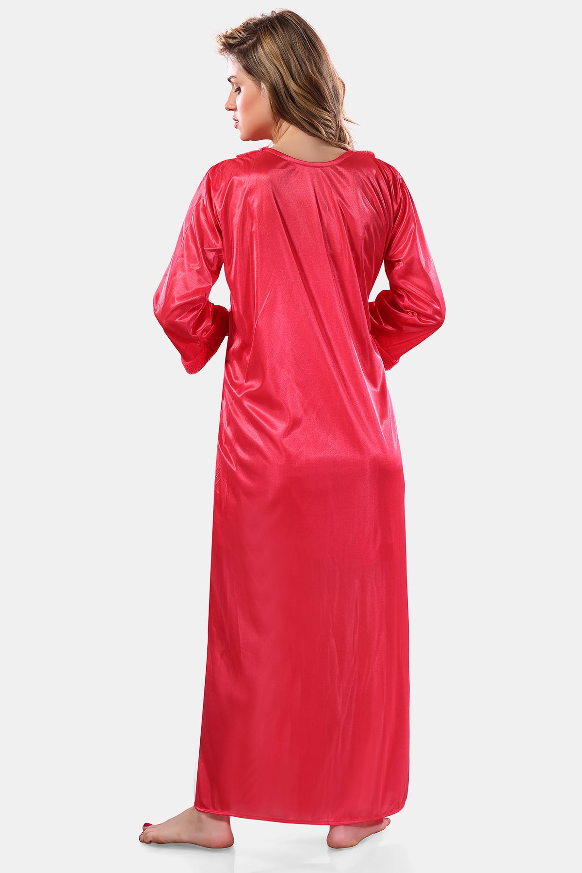 Peach Satin Solid Full Sleeves Nighty with Robe Set for Women