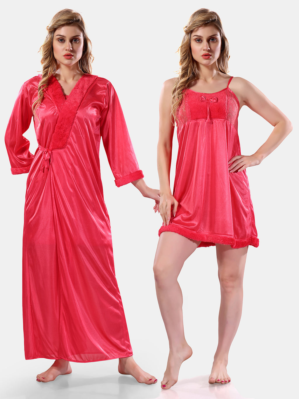 Peach Satin Solid Full Sleeves Nighty with Robe Set for Women