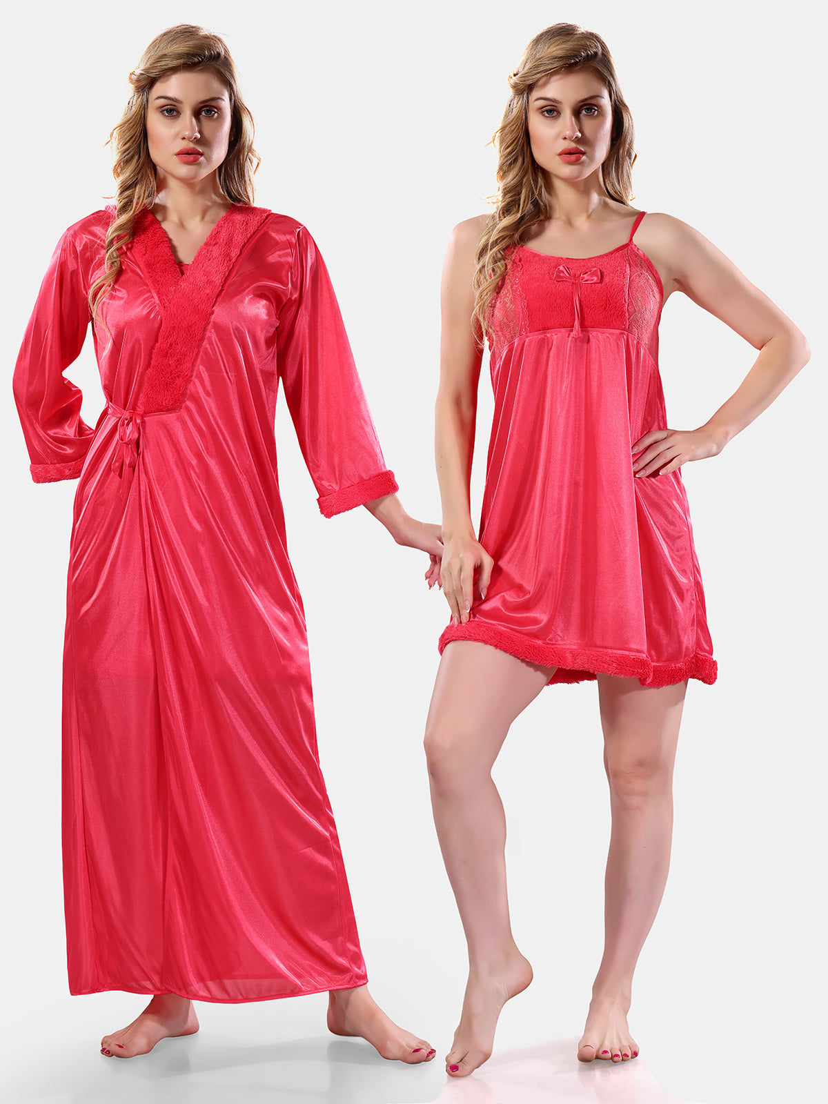 Peach Satin Solid Full Sleeves Nighty with Robe Set for Women
