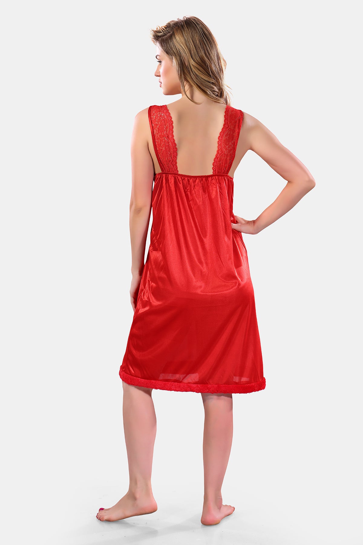 Red Satin Solid Full Sleeves Nighty with Robe Set for Women