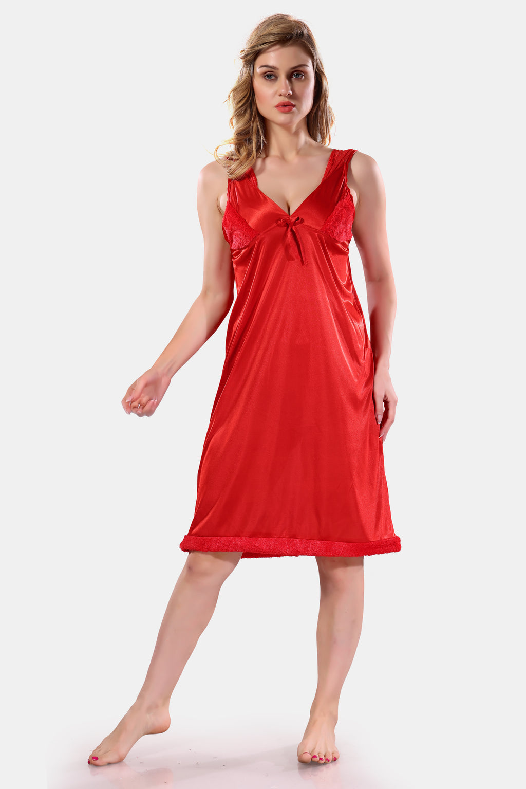 Red Satin Solid Full Sleeves Nighty with Robe Set for Women