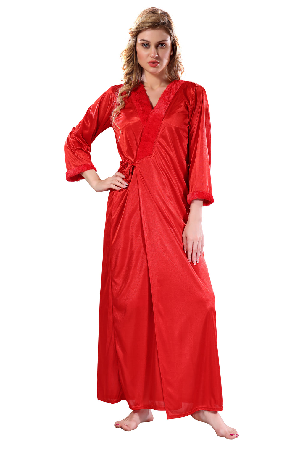 Red Satin Solid Full Sleeves Nighty with Robe Set for Women
