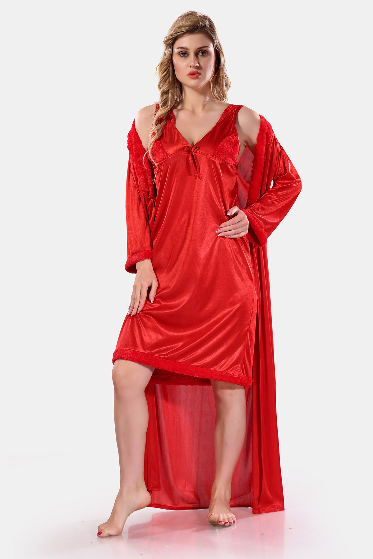 Red Satin Solid Full Sleeves Nighty with Robe Set for Women
