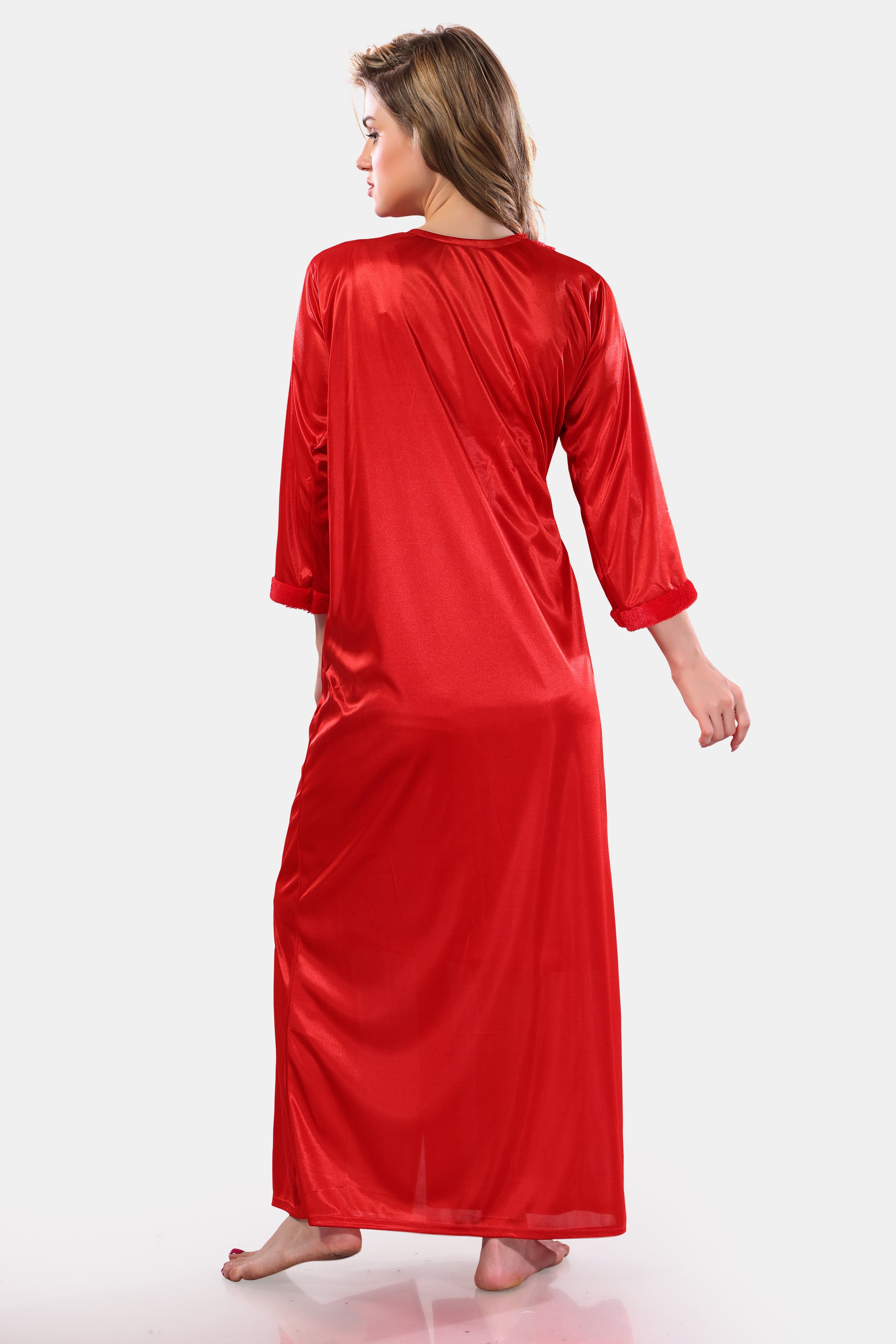 Red Satin Solid Full Sleeves Nighty with Robe Set for Women
