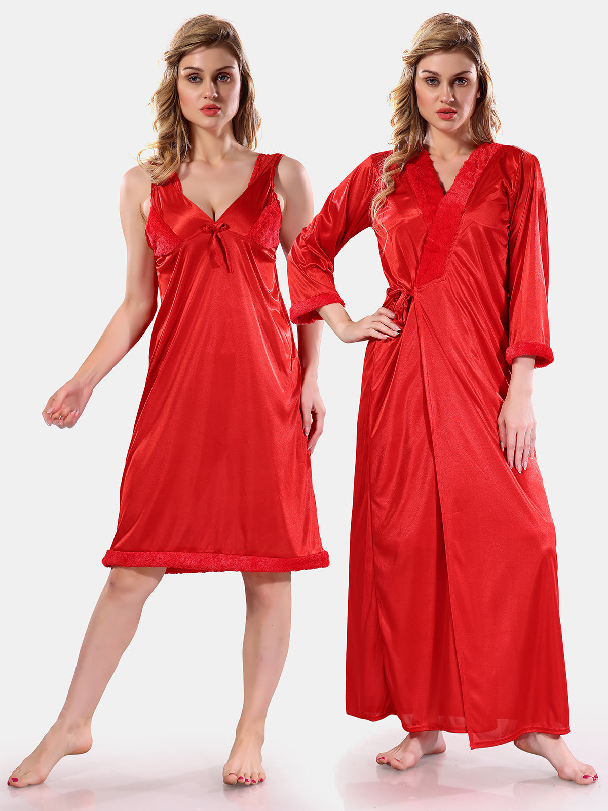 Red Satin Solid Full Sleeves Nighty with Robe Set for Women