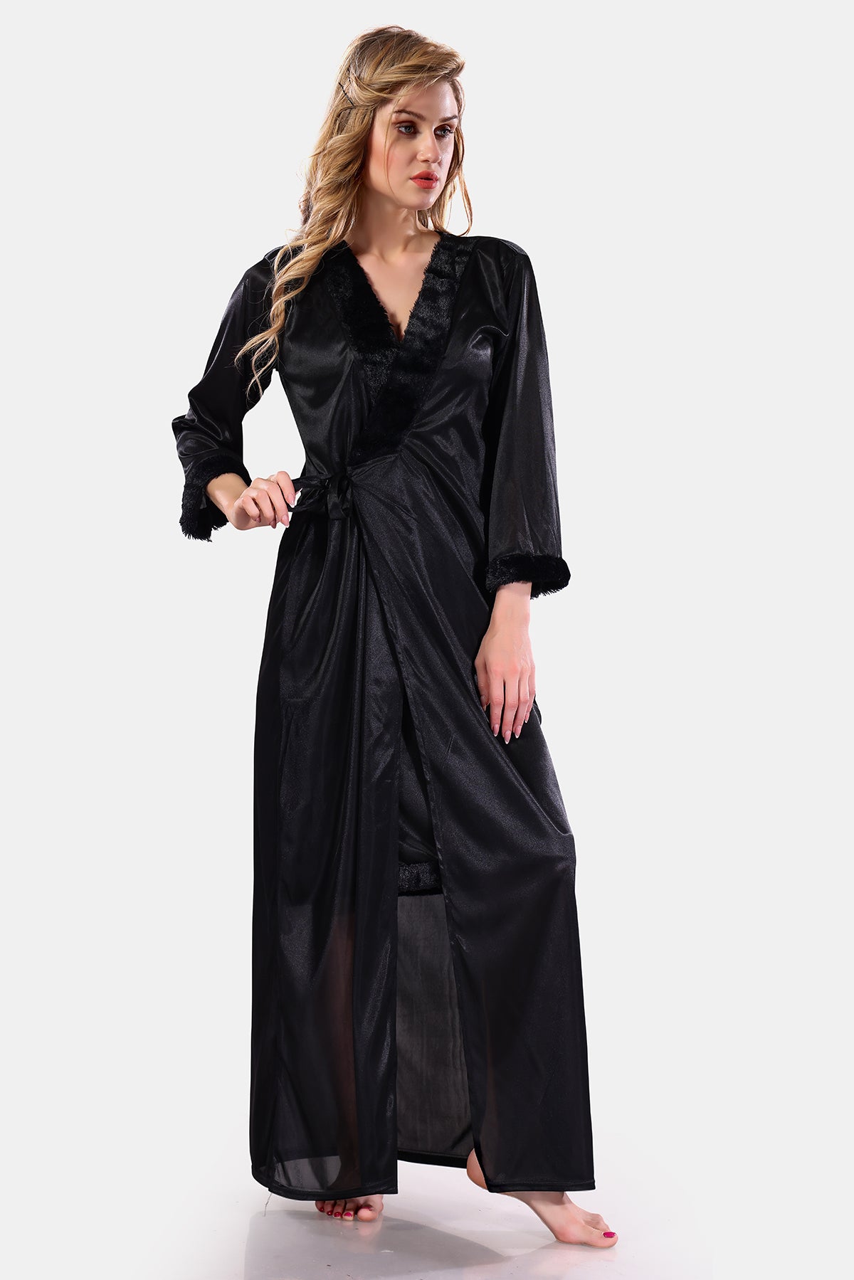Black Satin Robe for Women 