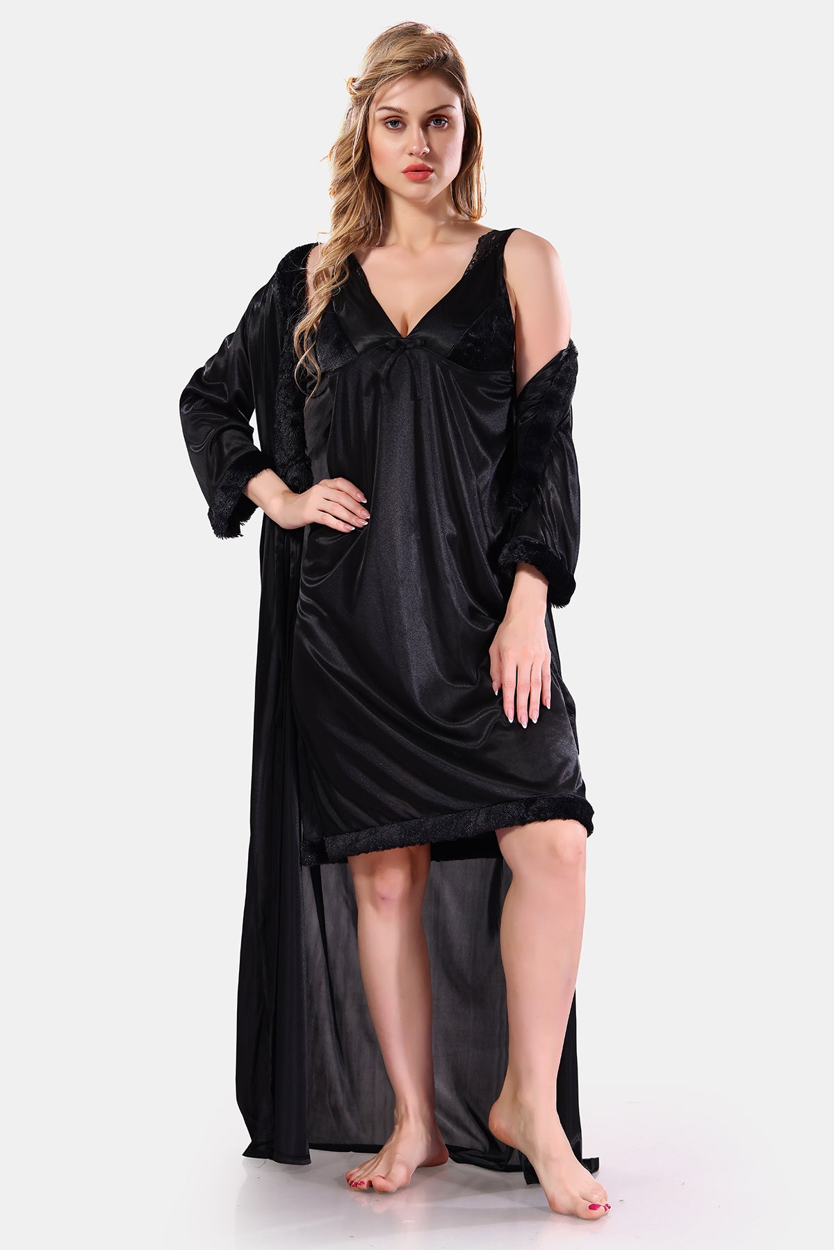 Black Satin Nighty with Robe for Women Image