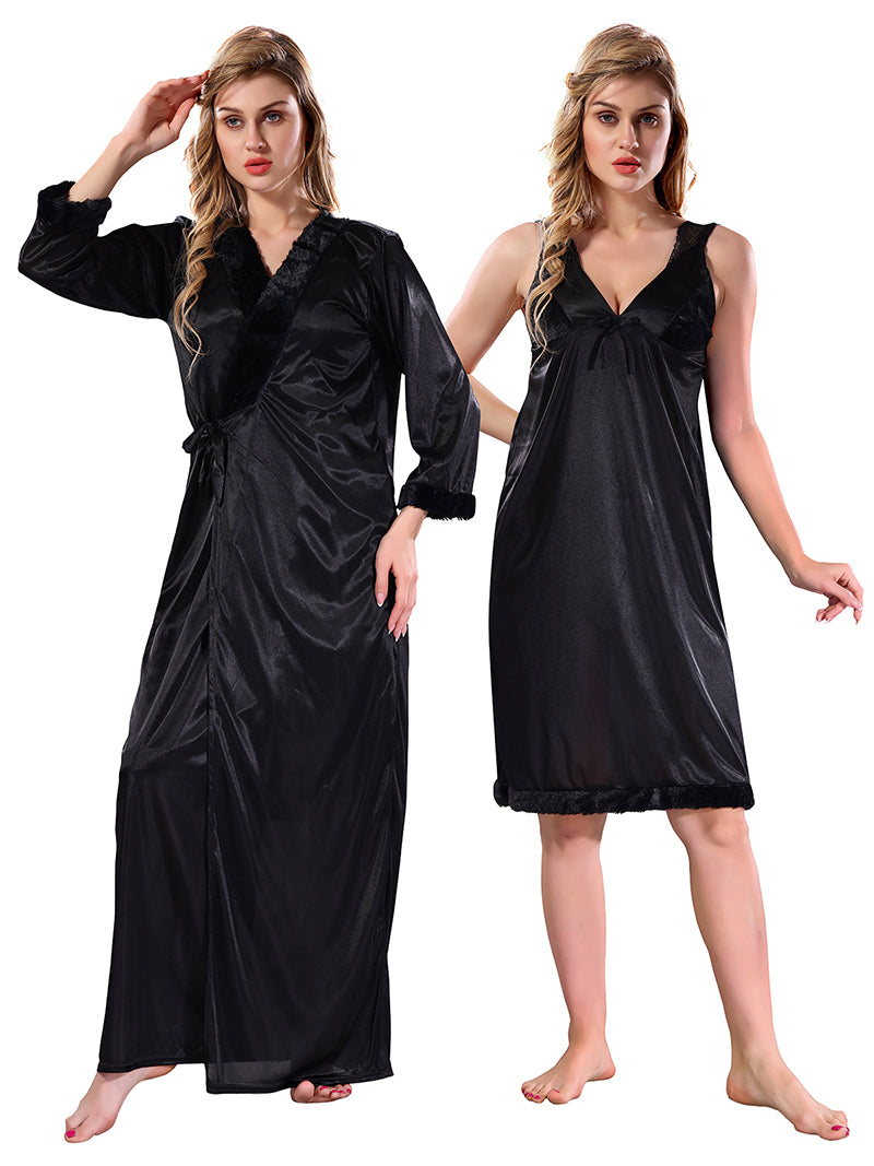 Black Satin Nighty with Robe for Women 