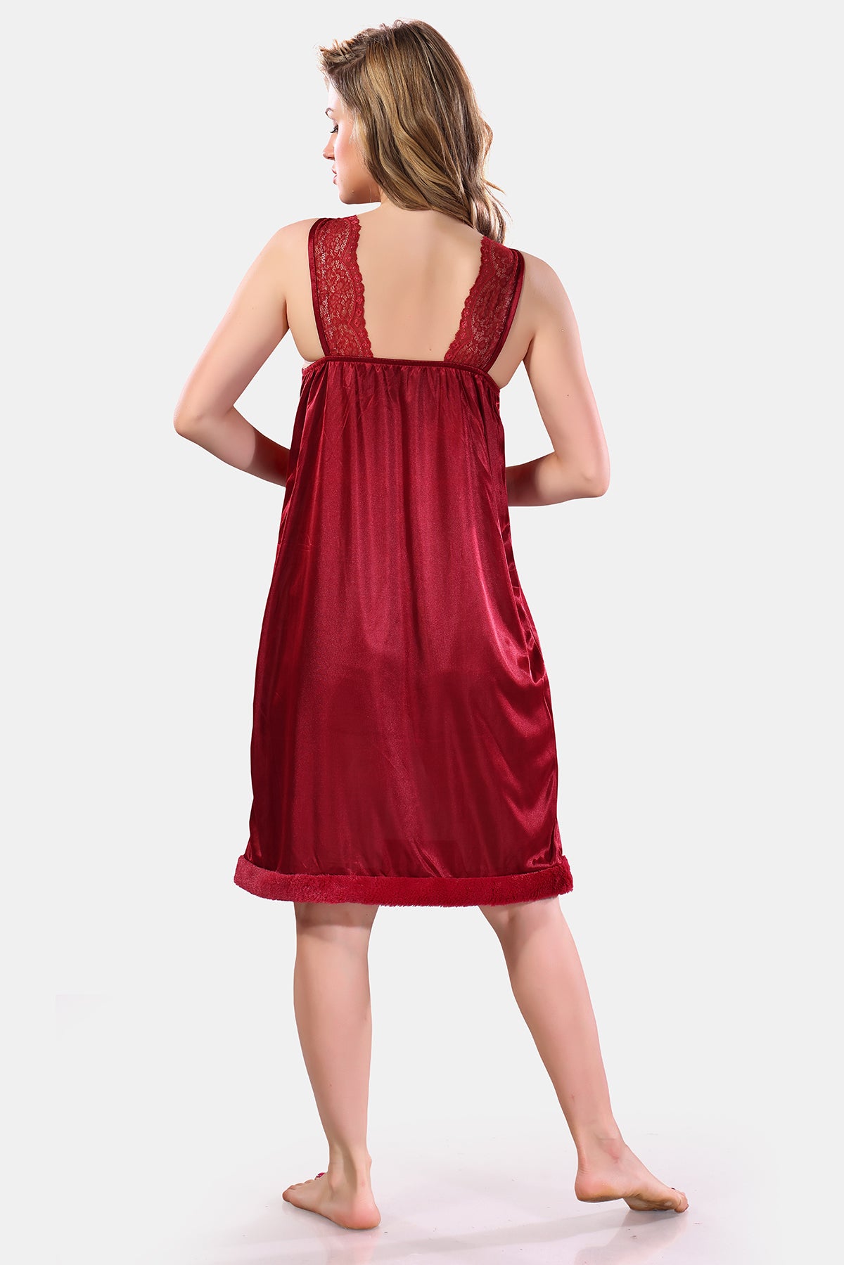 Maroon Solid Satin Full Sleeves Nighty & Robe Set for Women