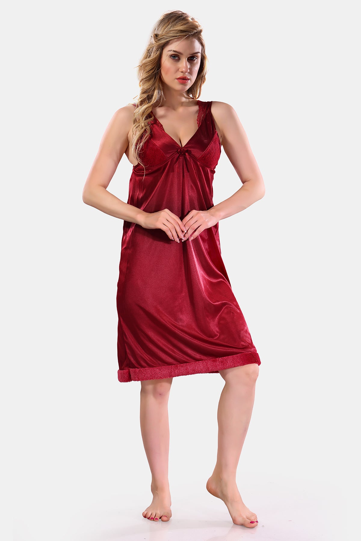 Maroon Solid Satin Full Sleeves Nighty & Robe Set for Women