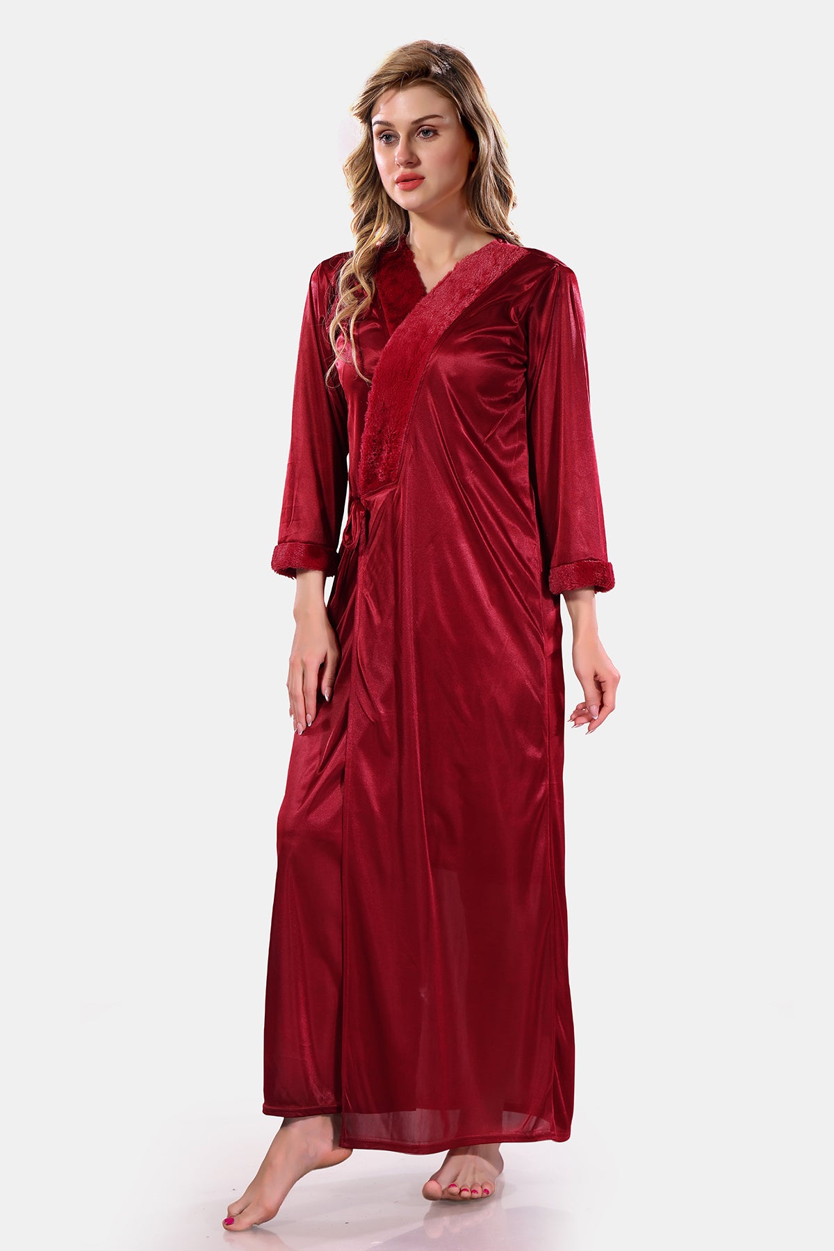 Maroon Solid Satin Full Sleeves Nighty & Robe Set for Women