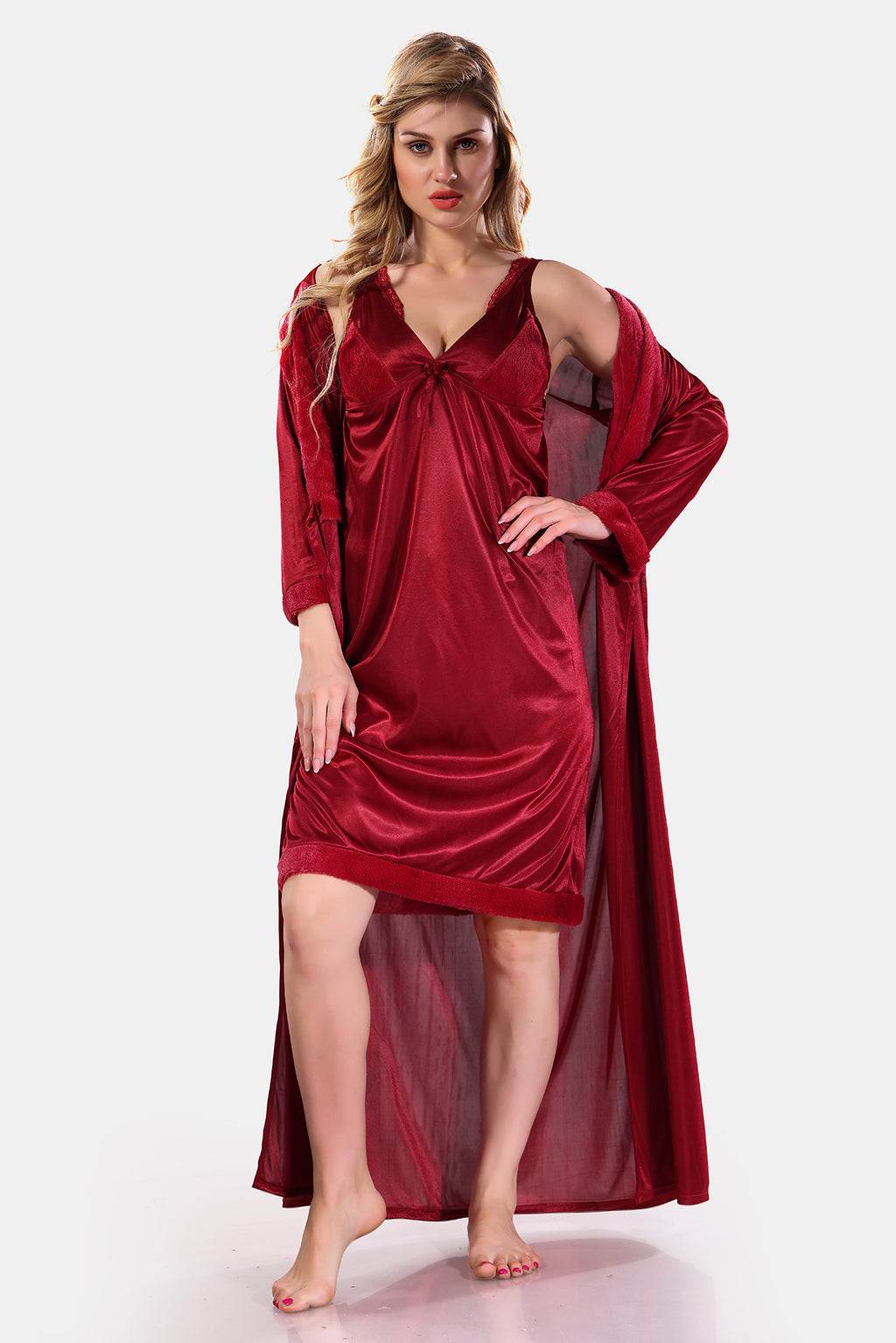 Maroon Solid Satin Full Sleeves Nighty & Robe Set for Women