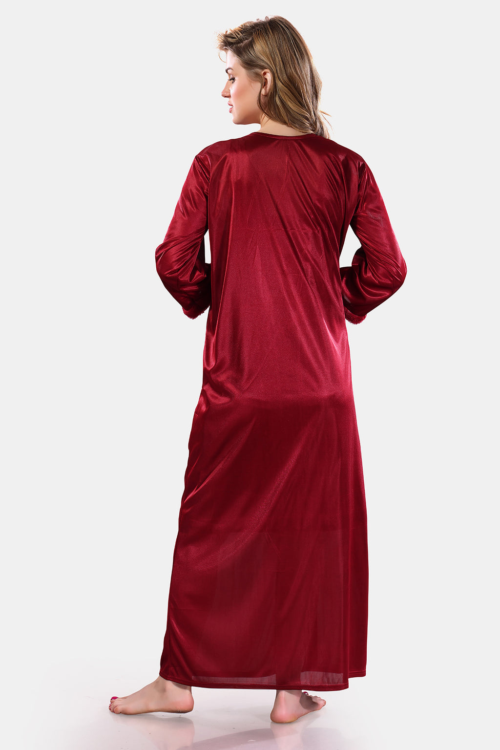 Maroon Solid Satin Full Sleeves Nighty & Robe Set for Women