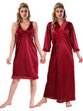 Maroon Solid Satin Full Sleeves Nighty & Robe Set for Women