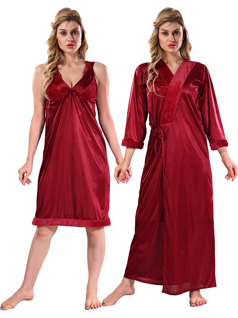 Maroon Solid Satin Full Sleeves Nighty & Robe Set for Women