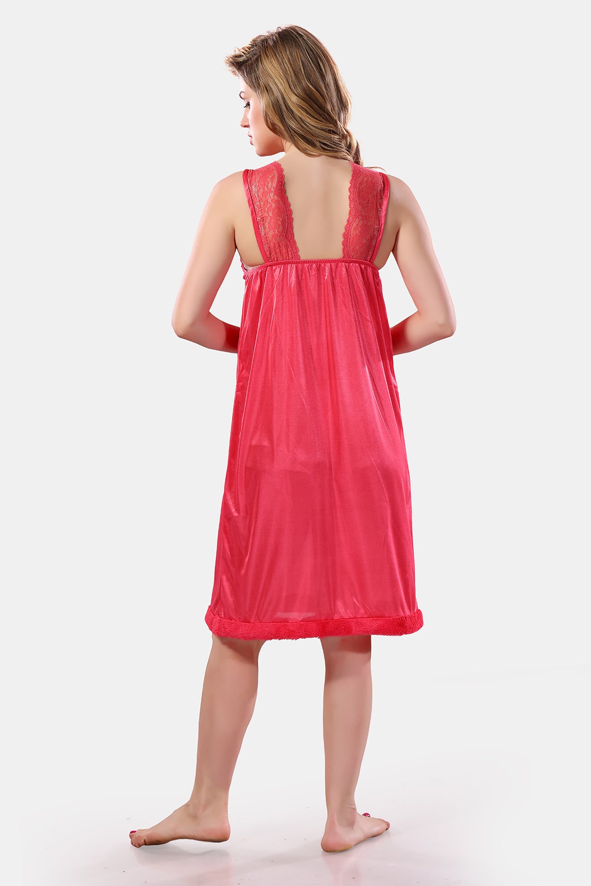 Peach Satin Solid Full Sleeves Nighty with Robe Set for Women