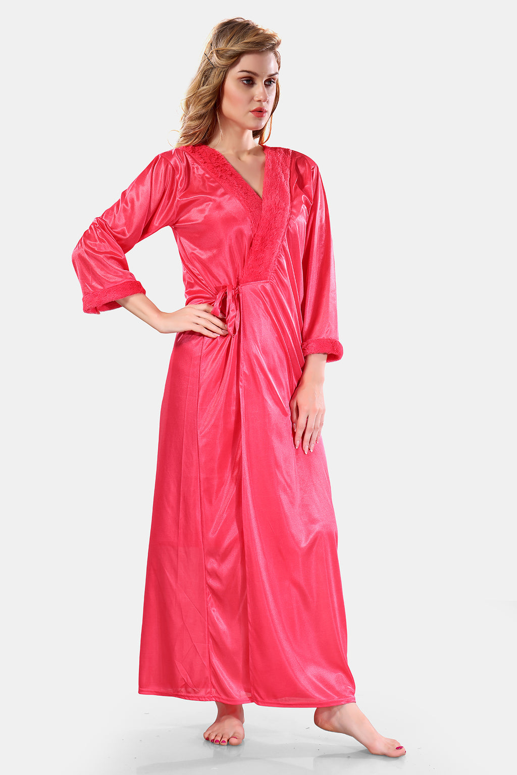 Peach Satin Solid Full Sleeves Nighty with Robe Set for Women