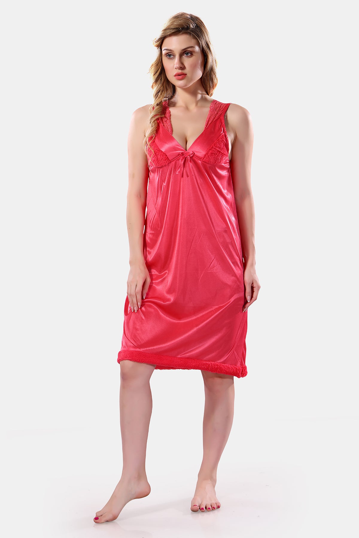 Peach Satin Solid Full Sleeves Nighty with Robe Set for Women