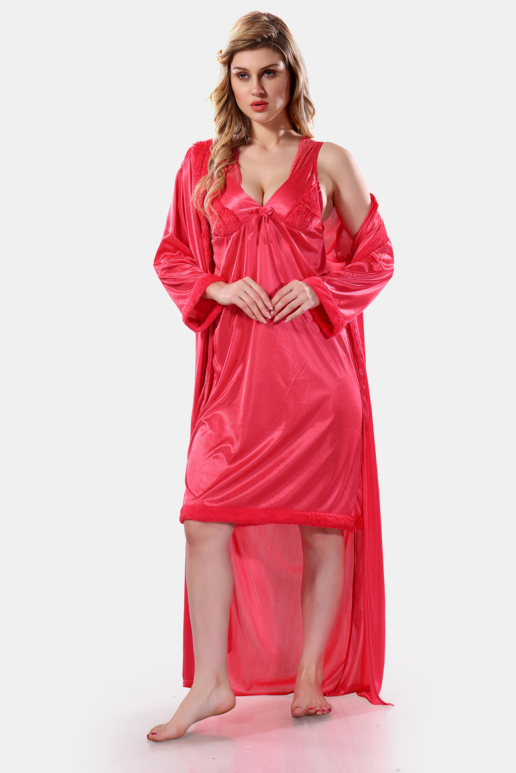 Peach Satin Solid Full Sleeves Nighty with Robe Set for Women