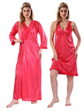 Peach Satin Solid Full Sleeves Nighty with Robe Set for Women