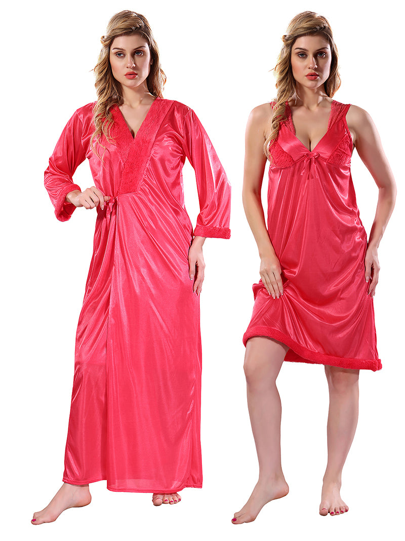 Peach Satin Solid Full Sleeves Nighty with Robe Set for Women