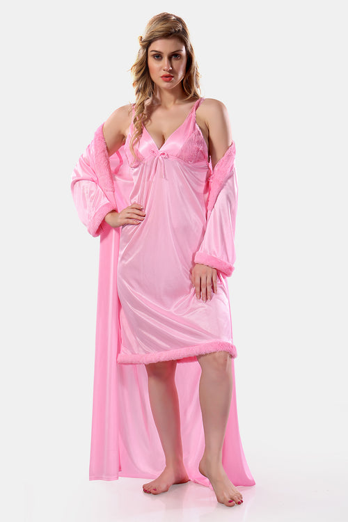 Baby Pink Satin Solid Full Sleeves Nighty with Robe for Women