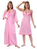 Baby Pink Satin Solid Full Sleeves Nighty with Robe for Women