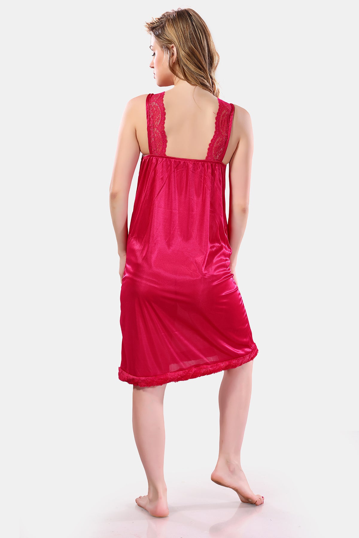 Deep Pink Satin Solid Full Sleeves Nighty with Robe Set for Women