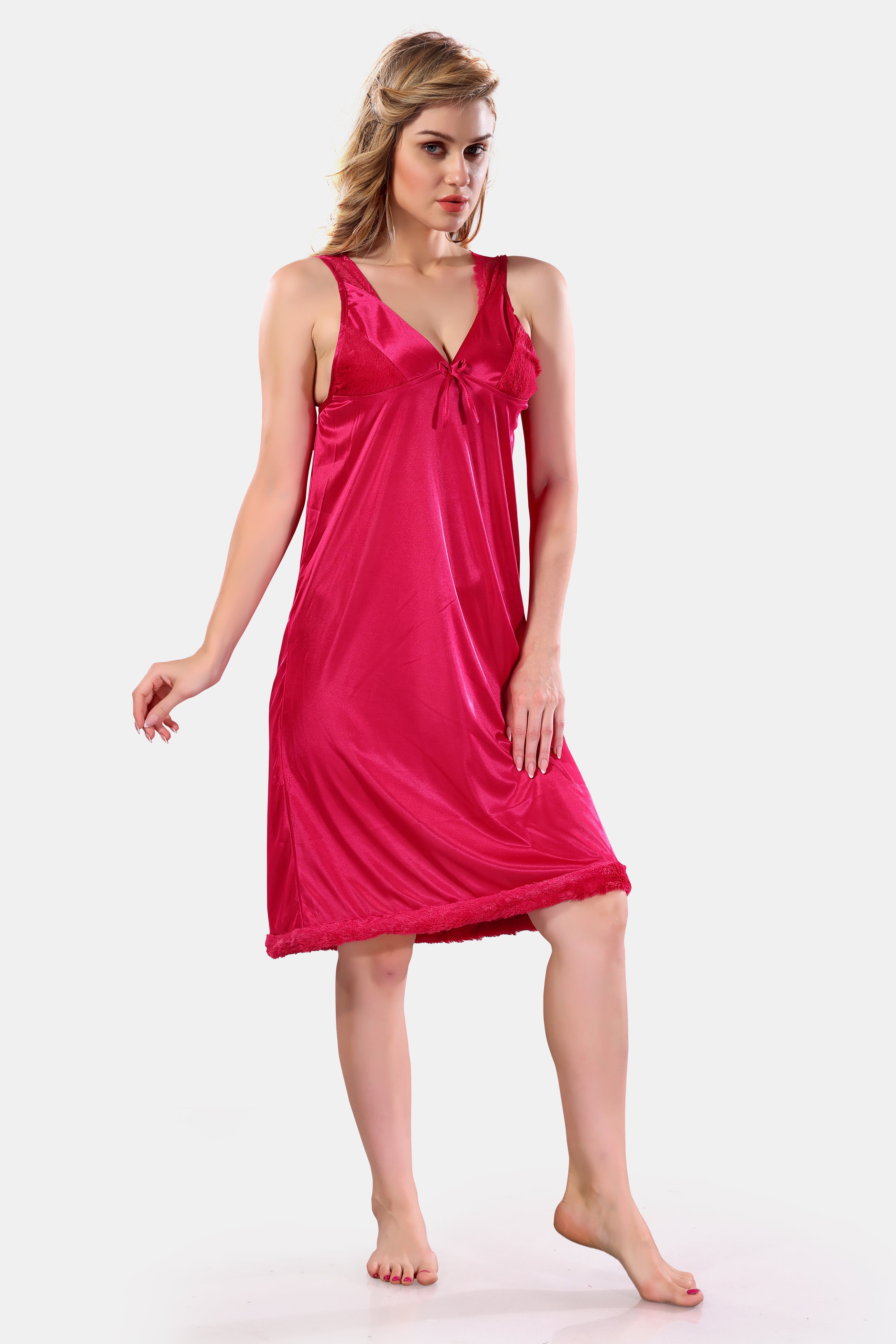 Deep Pink Satin Solid Full Sleeves Nighty with Robe Set for Women