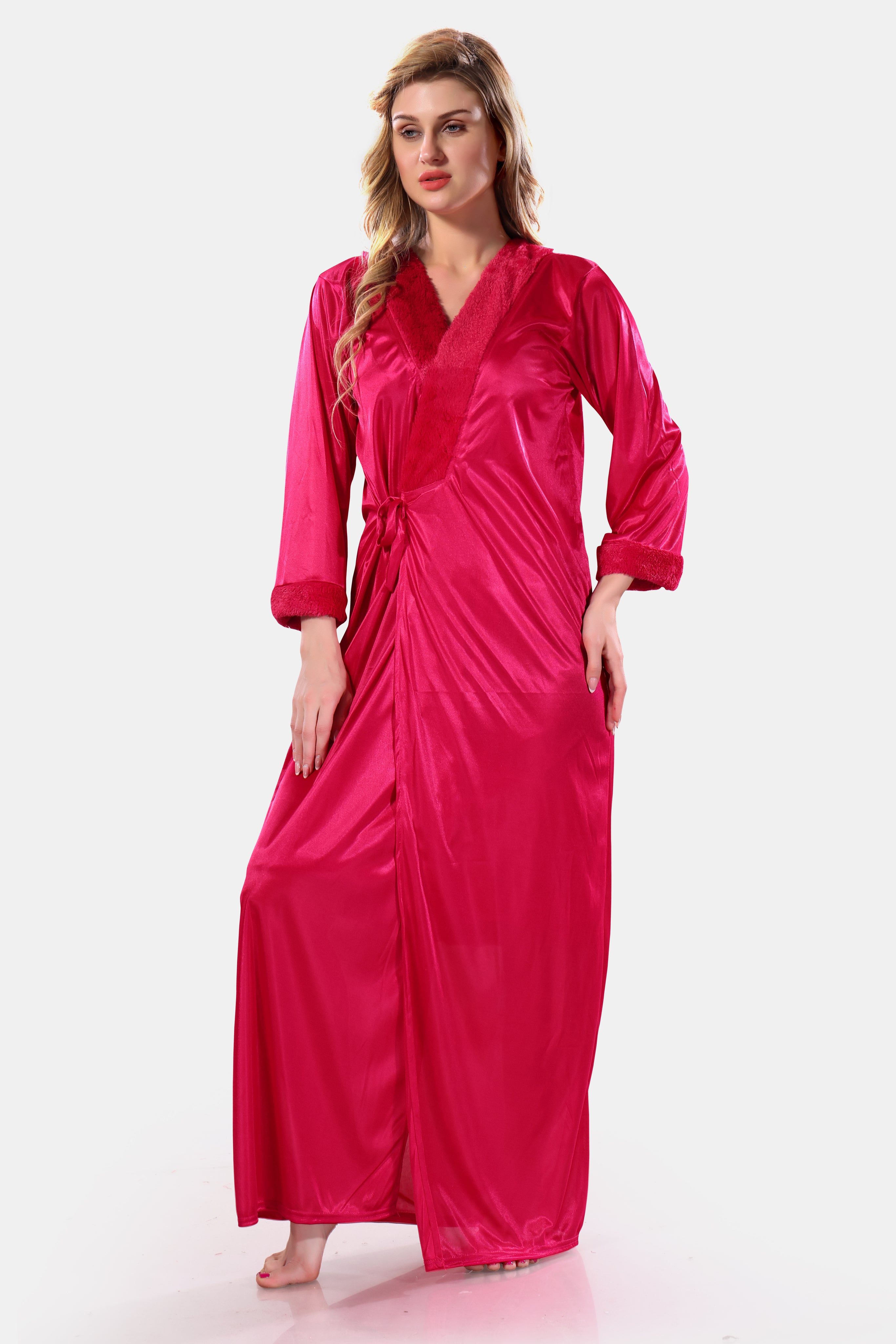 Deep Pink Satin Solid Full Sleeves Nighty with Robe Set for Women