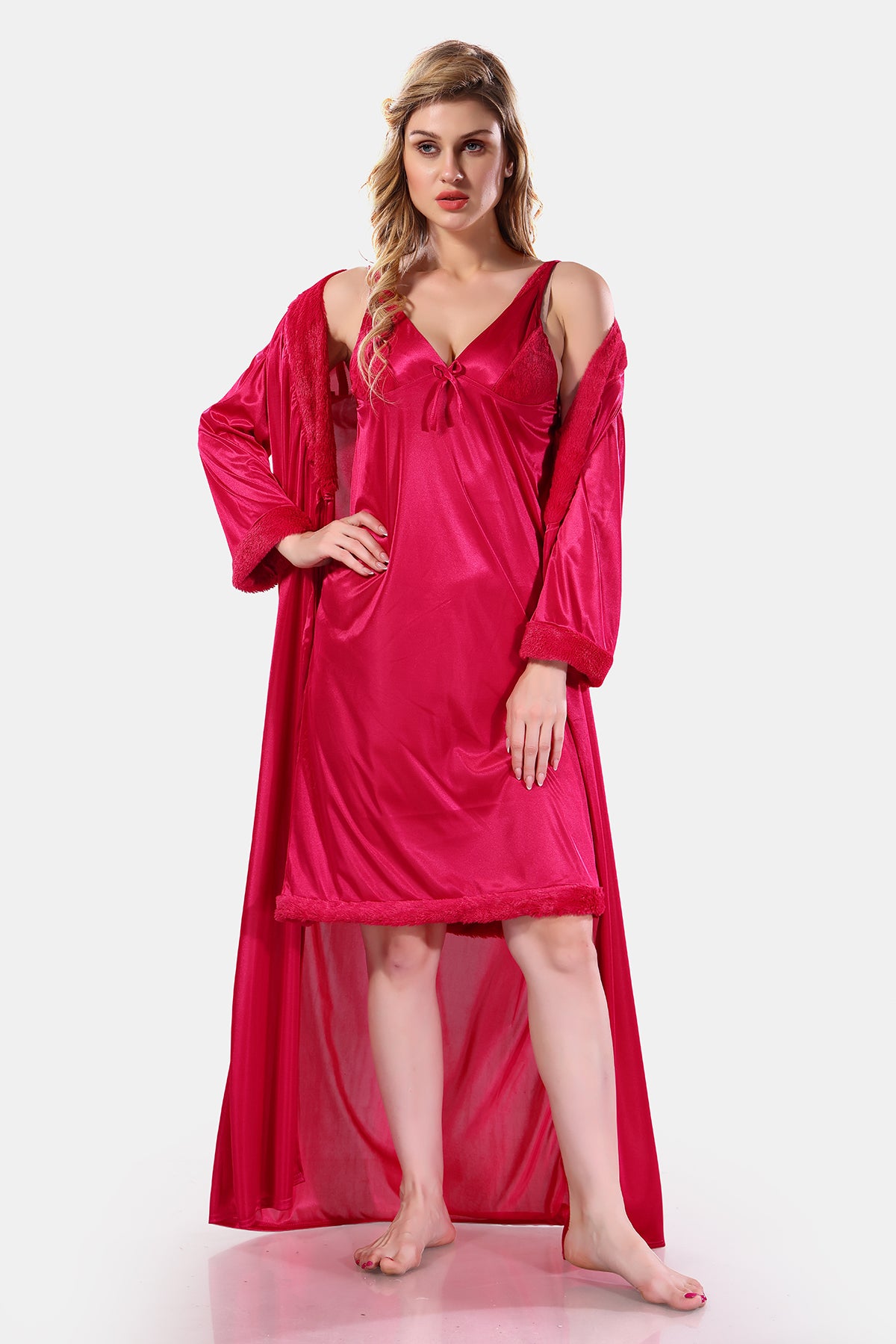 Deep Pink Satin Solid Full Sleeves Nighty with Robe Set for Women